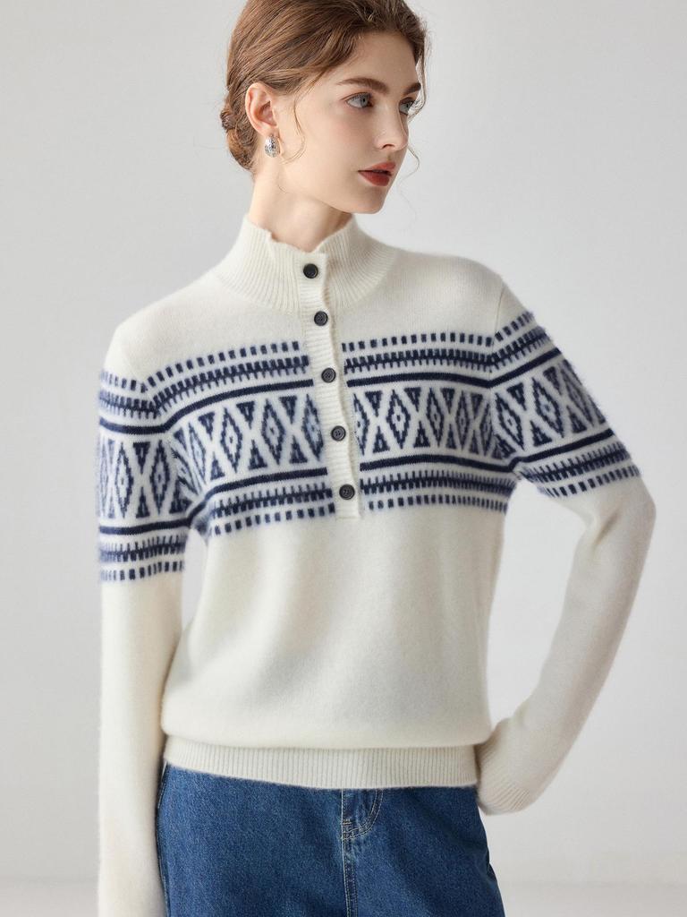 Women's Ethnic Style Fair Isle Jacquard Cashmere Half-Zip Sweater - Loose, Thick Winter Knit Top