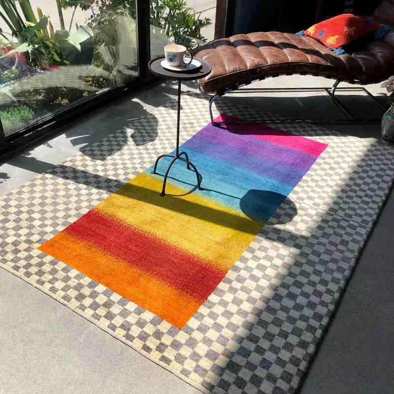 Modern Simple Rainbow Living Room Carpet Home Tea Table Bedroom Absorbent Non-slip Large Area Light Luxury Rug Floor Mat Decor