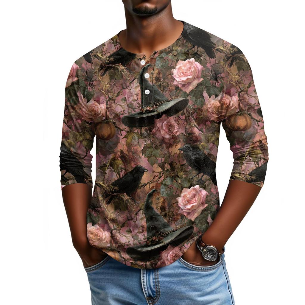 Men's Casual Halloween Print Raglan Sleeve Henley Shirt Three Quarter Sleeve Lightweight Top for Everyday Wear