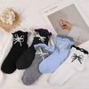 5Pairs Thin Mid Tube Socks Ruffle Sweet Socks Women Cute Bowknot Pearl Socks  Lady