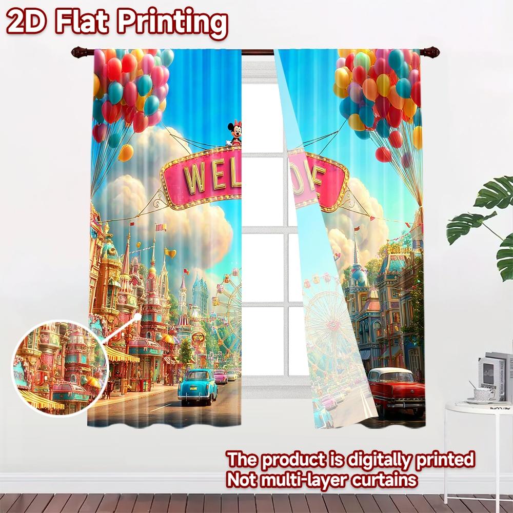 2D flat printing 2pcs Curtains Carnival Ferris Wheel Welcome Balloons Digital Printed Polyester Drapes Party Decorations Use for