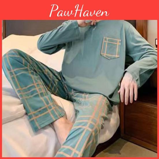Men Pajamas 2pcsset Set Autumn Oneck Long Sleeve Plaid Letter Print Tops Elastic Waist