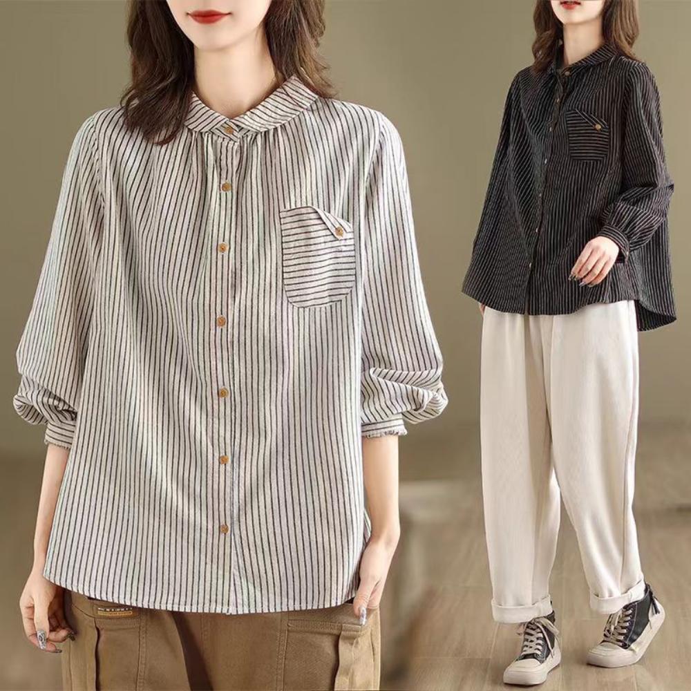Spring and Autumn Cotton and Linen Long-sleeved Striped Pure Cotton Shirt Artistic Top