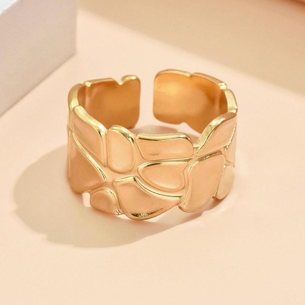 European & American Geometric Wide Band Irregular Open Stainless Steel Adjustable Ring