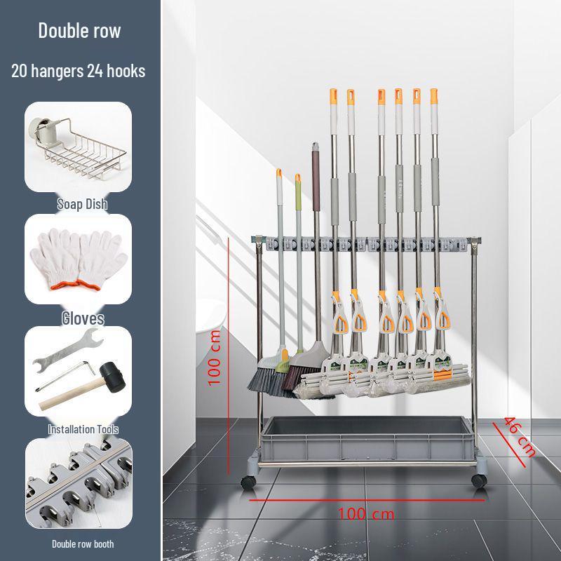 Movable Stainless Steel Mop Storage Rack with Hooks for Floor-Standing Draining in Schools and Factories