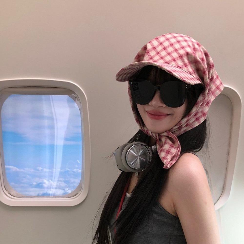 Rural Style Triangle Headscarf Hat Plaid Strappy Bandana Cap Retro Headscarf Baseball Hat  Travel