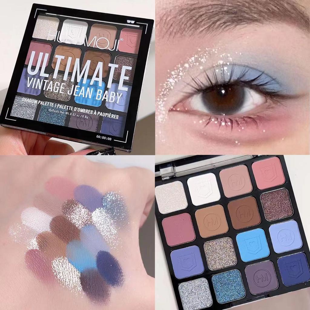 HUDAMOJI 16-Color Eyeshadow Palette: Vibrant Pearlescent, Matte Earth Tones & Glitter for Stage Makeup.