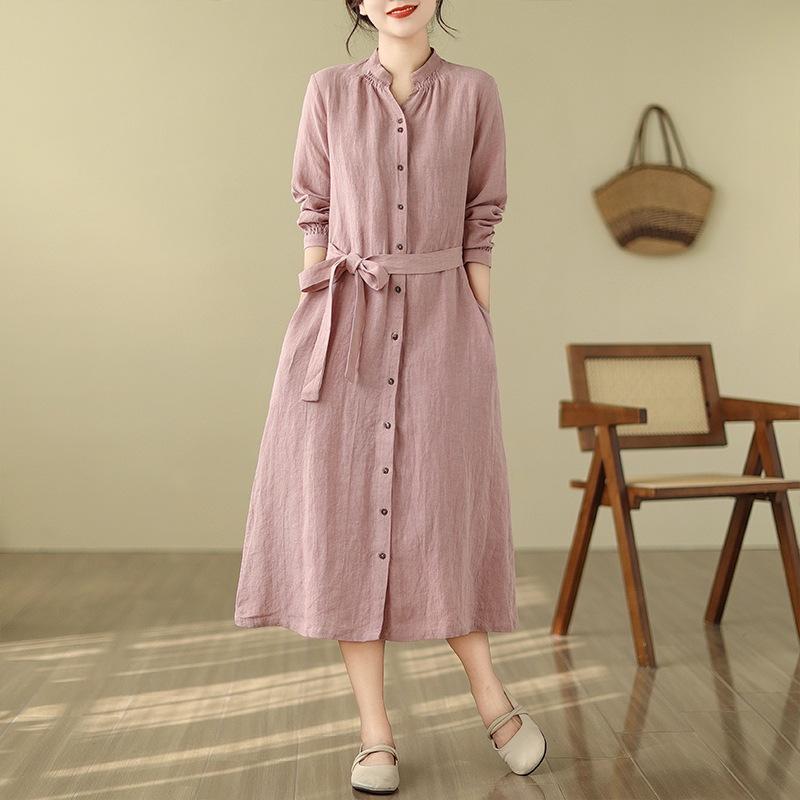 

Осень 2025 года новое платье с длинными рукавами из хлопка и льна, женское шикарное французское свободное платье-кардиган большого размера, среднее и длинное платье 2XL розовый