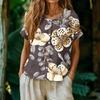 Damen Vintage Bedrucktes Knopfleisten-Oberteil Kurzarm Henley-Halsausschnitt Bluse Leichtes Freizeithemd