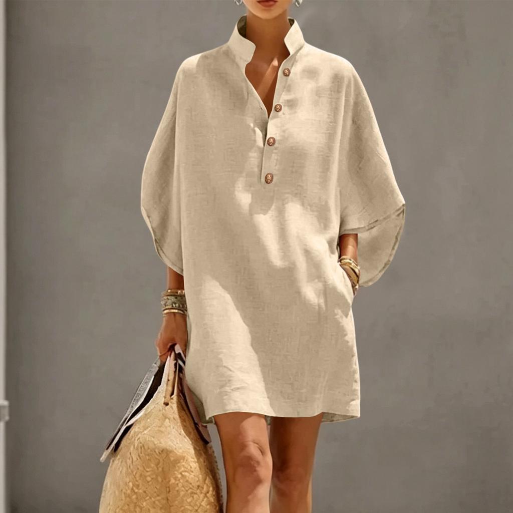 Casual Women Short Dress Linen Cotton Blend Stand Collar Button Front Half Sleeve Loose Fit Summer Tunic Dress