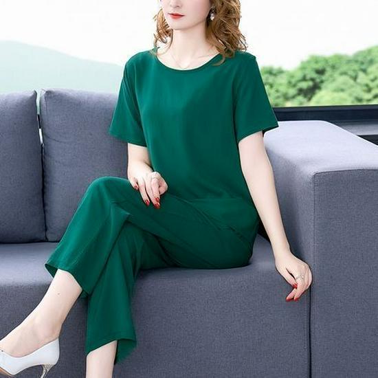 Summer Cotton Silk Women's Loose Two-Piece Set: Solid Color Short Sleeve Top and Long Pants, Plus Size Casual Wear.