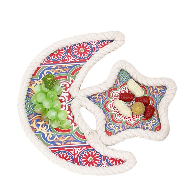 Delicate Ramadans Wood Cotton Rope Woven Trays Eid Mubarak DIY Serving Tray for Breakfast and Dessert Home Party Decors