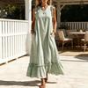 Sommer Gestreiftes Maxikleid für Damen Rundhalsausschnitt Ärmellos Rüschen A-Linie Schwingendes Kleid Strand Freizeit Fließendes Sommerkleid mit Taschen