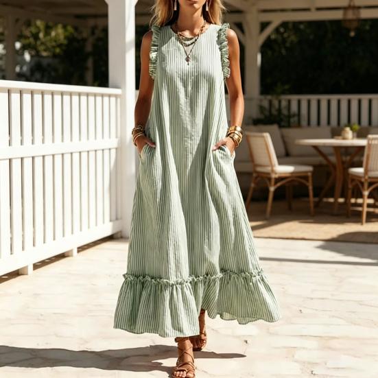 Sommer Gestreiftes Maxikleid für Damen Rundhalsausschnitt Ärmellos Rüschen A-Linie Schwingendes Kleid Strand Freizeit Fließendes Sommerkleid mit Taschen
