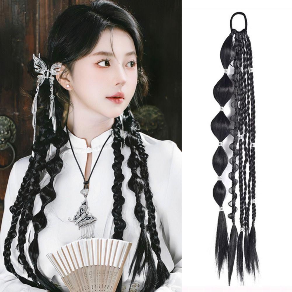 

Lantern Braid Box Braid Twist Hair Synthetic Ponytail Extension Long Bubble Braid Ponytail Daily чорний/природний