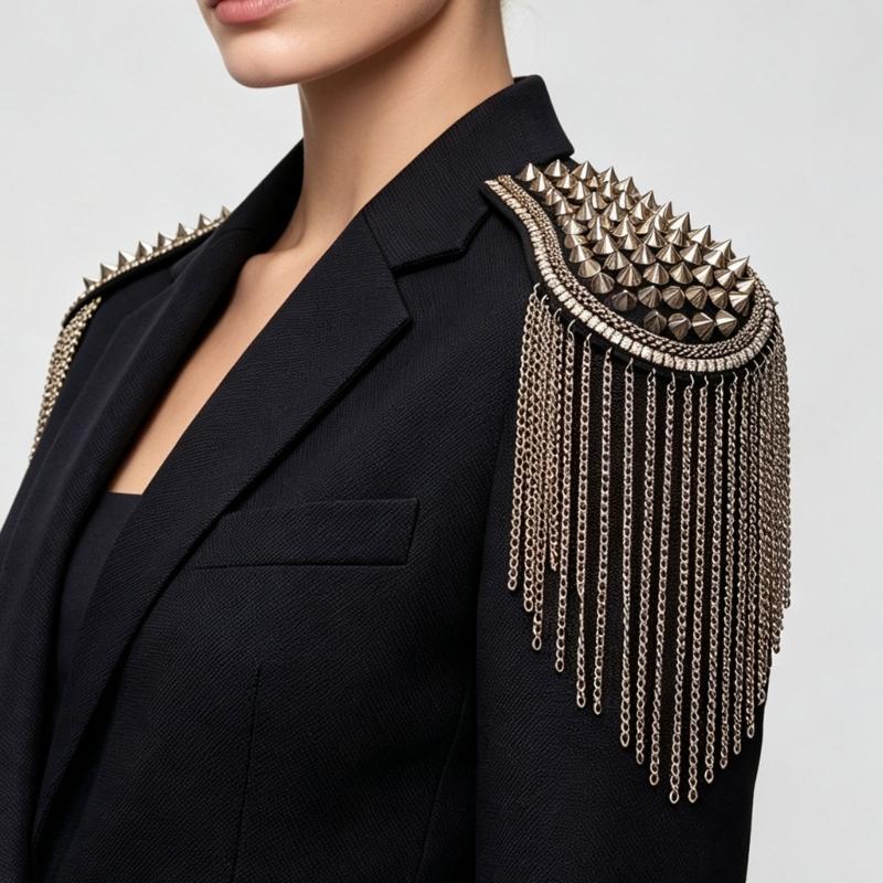 Sew-On Epaulette Shoulder Bar Accessory with Rivet Studs and Layered Metal Chain for Punk Theme Clothing Enhancement