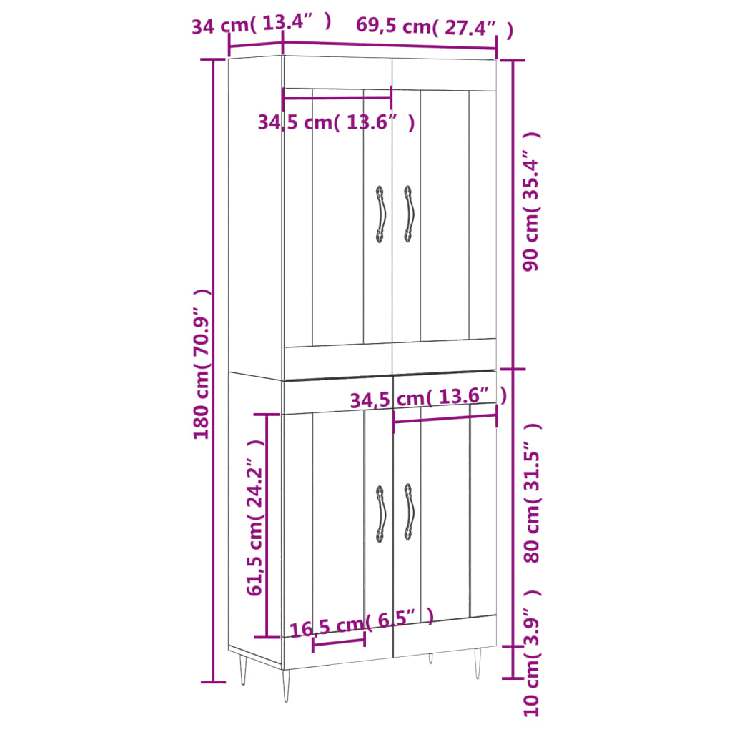 Highboard White 69.5 x 34 x 180 cm Particleboard