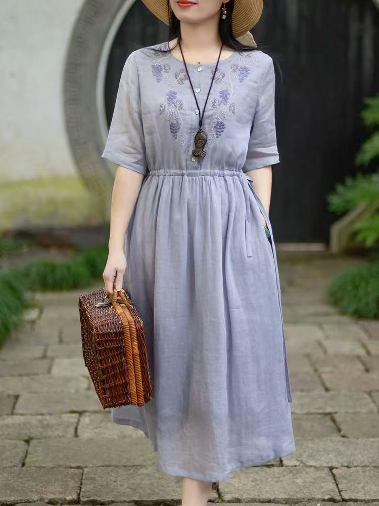 

2025 лето новое ретро платье с круглым вырезом и рукавом пять четвертей вышитое хлопковое и льняное женское свободное и тонкое платье средней и длинной длины 2XL