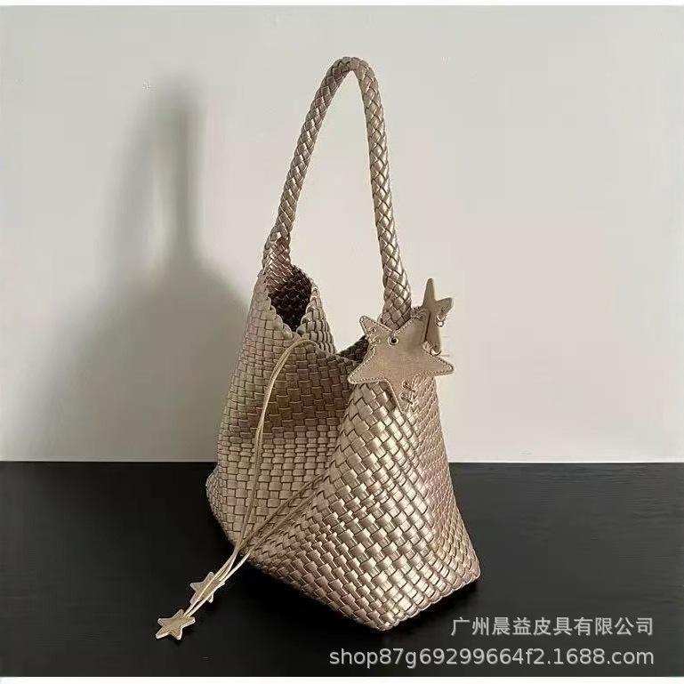 Champagne Handmade Woven Bucket Tote Bag - Large Capacity Shoulder Handbag