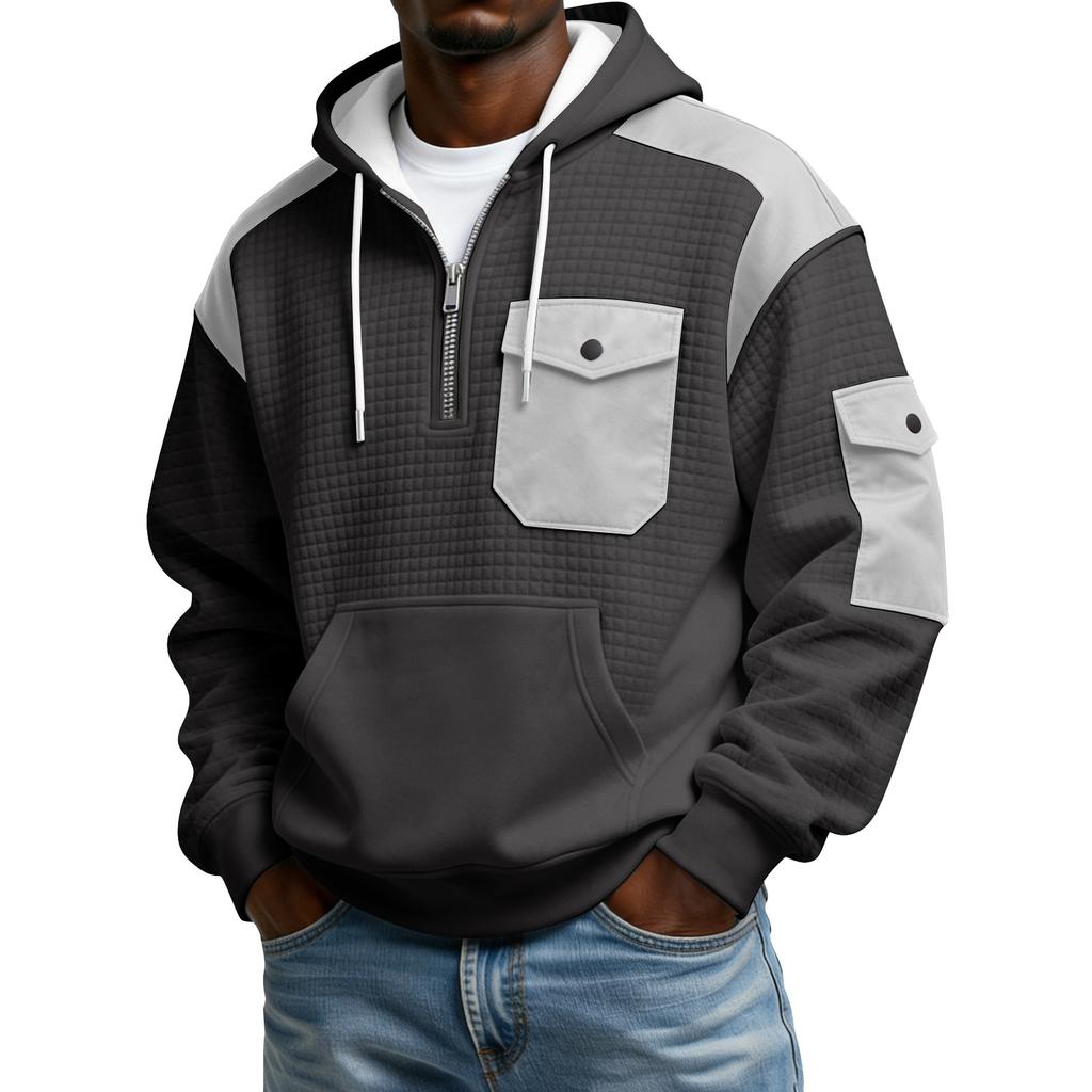 Men's Winter Color Blocked Button-Down Collar Multi-Pocket Hoodie Men's Sports Plus Size Casual Sweatshirt