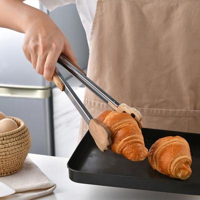 Pinzas de cocina para comida, herramienta para barbacoa, ensalada, tocino, carne, pan, pastel, madera gruesa, forma bonita, utensilio de cocina para el hogar