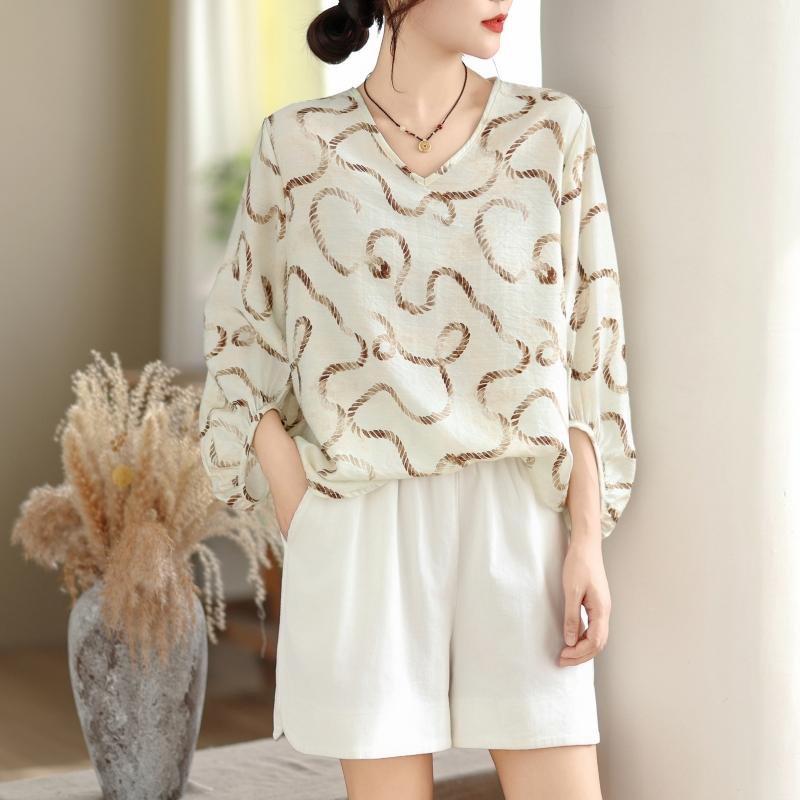 DIMANAF 2026 Women Plus Size New Summer Blouse Shirt Thin Casual Loose Lady Tops Print Shirts