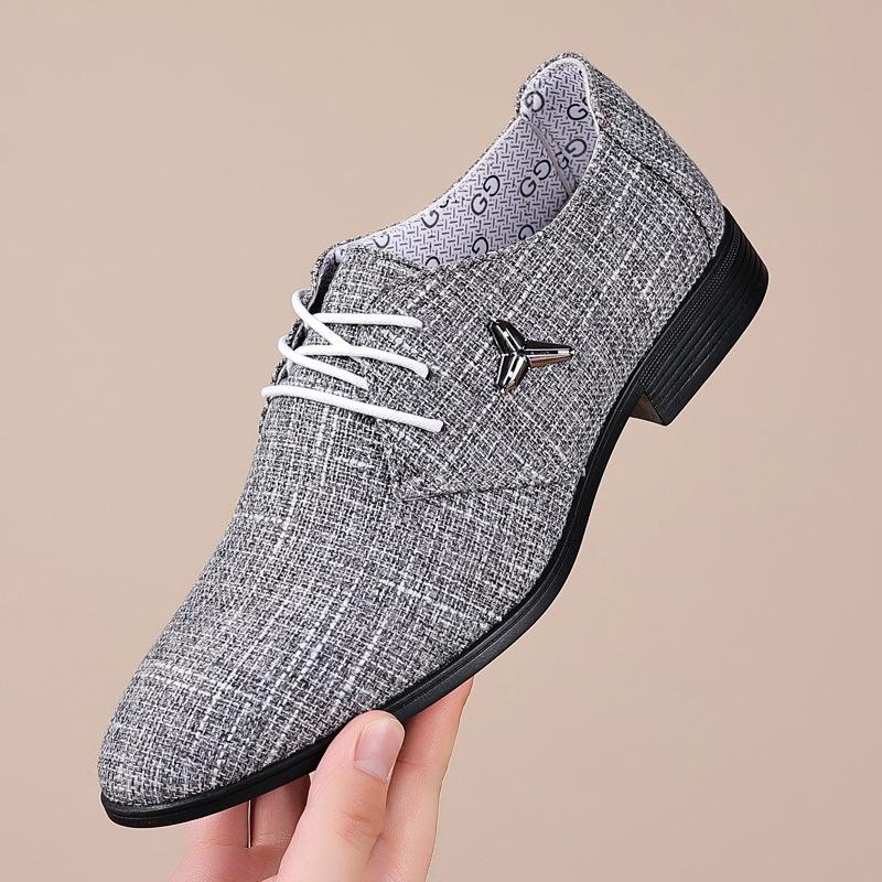 

2025 spring men s pointed linen surface Korean version breathable men s shoes British business casual shoes trendy leather shoes men 48 сірий колір