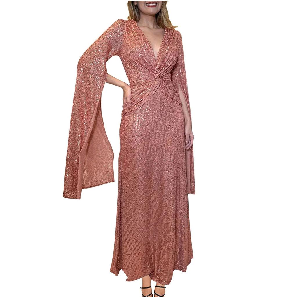 Women's Fashionable Color V Neck Sequin Sexy Evening Dress Party Long Dress
