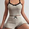 Summer New Womens Ribbed Knit Pajama Set Lace Trim Bow Cami Crop Top Lettuce Hem Shorts Loungewear Sleepwear Cute Soft 2 Piece