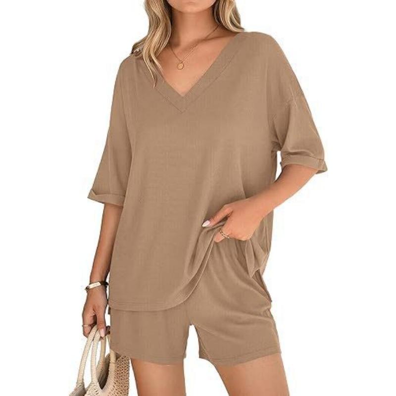Women S V Neck Short Sleeve Top And Shorts Casual Set