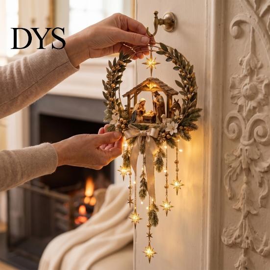 Christmas Star Gift for Family Lighted Nativity Door Swag, Bethlehem of Faith Wall Decor, Light-up Holy Hanging Decoration with Lights Front