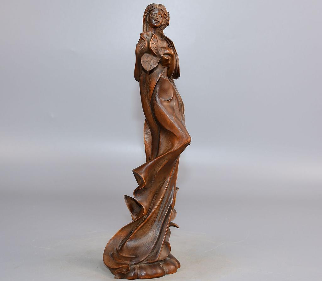 Chinese Antique Boxwood Carved Beautiful Woman Statue Sexy Sculpture Home Decor