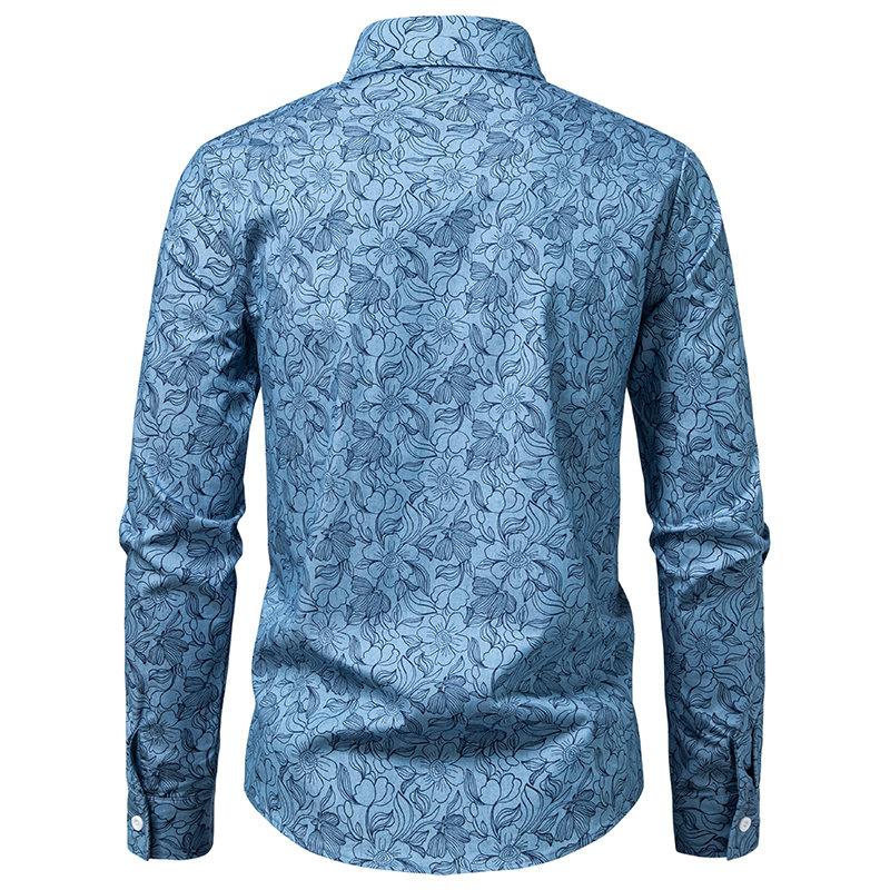 Mens Elegant Blue Floral Printed Shirts Vintage Clothing Chemise Hommes Manche Longue Blusa Jeans Masculina Man Shirts
