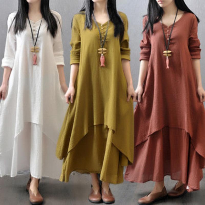 

Loose Sleeved Cotton Linen Long Dress M brick червоний колір