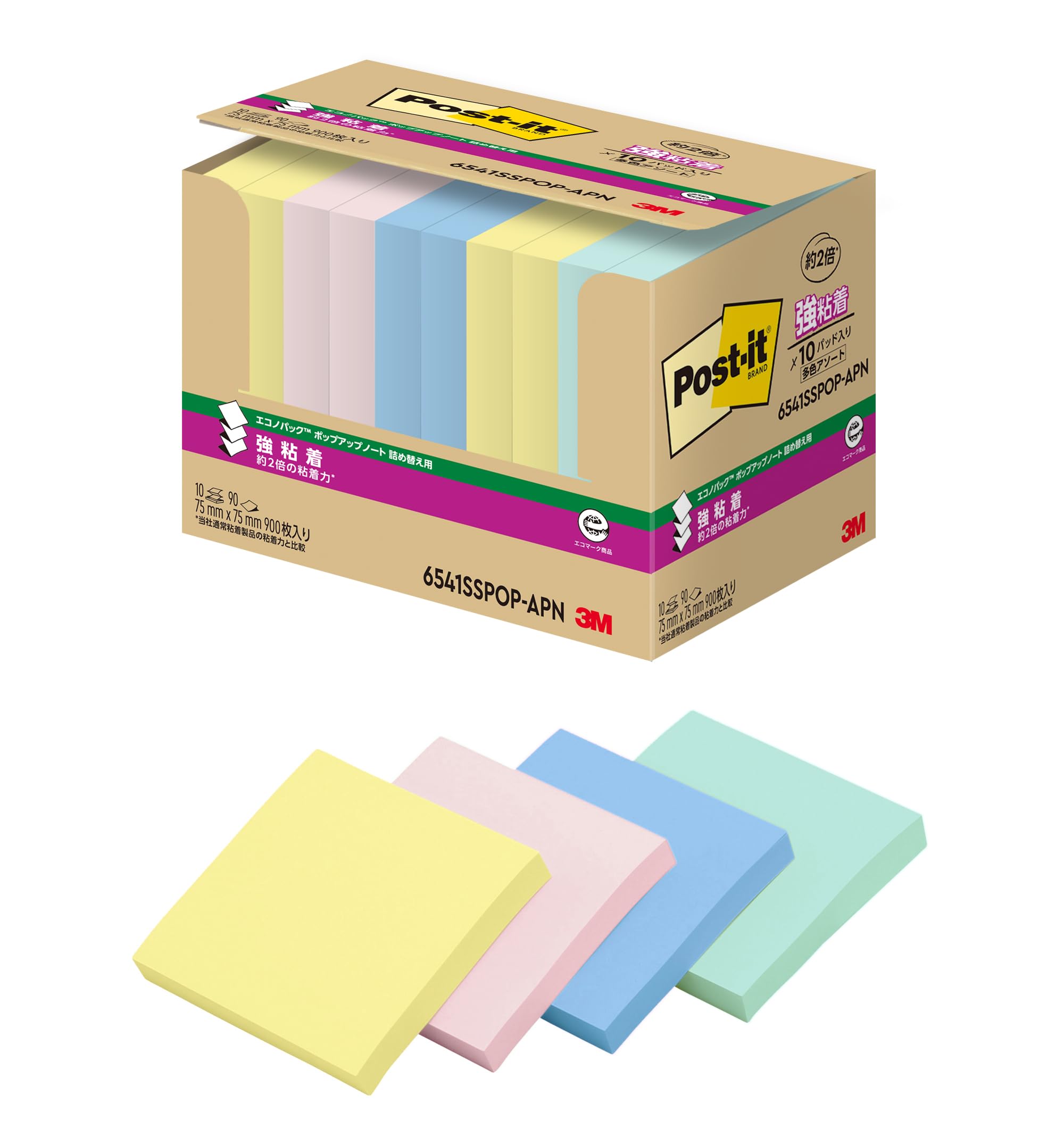 

3M Клейкие Прочные Листы 75 x 90 x 10 Блоков Стикеры Post-it, Клейкие, Милые, Большие, Выскакивающие Стикеры, Разноцветные, 75 мм, (Код товара 6541SSPOP-APN)