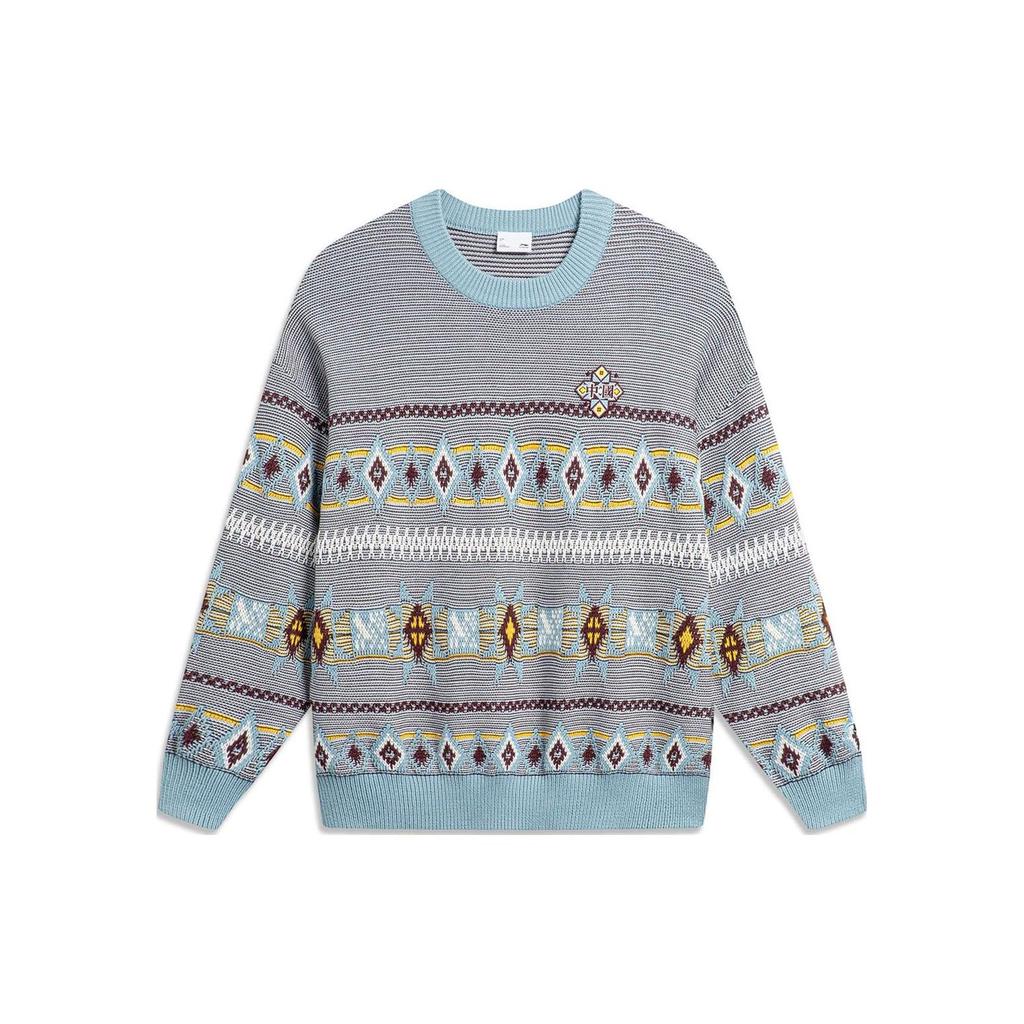 Li Ning Sport Lifestyle Series Full Print Diamond Color Block Round Neck Pullover Long Sleeve Sweater Men sweater Off-White Fish-Eye-Green AMBT247-1