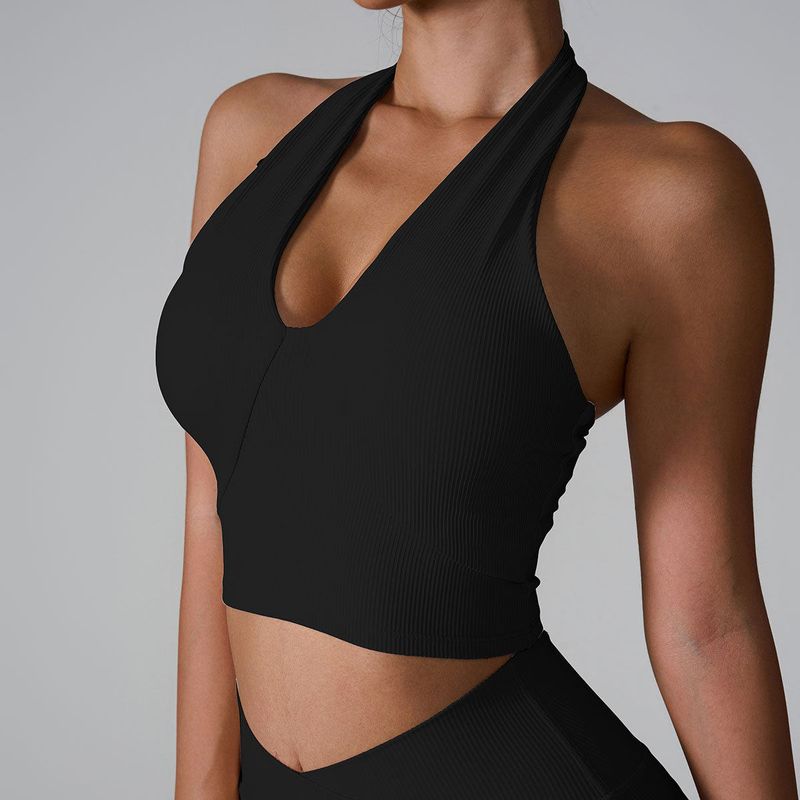 Fashion Halterneck Workout Bra Women s Deep V Gather Shockproof Sports Tight Sports Rib Yoga Beauty Back Vest Bra L Black