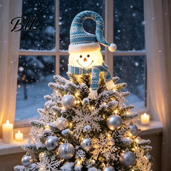 Christmas Tree Finial Lighted Topper, Glowing Snowman Star Hat with LED Light, Winter Holiday Home Decor for And Indoor Top Decoration Plush Ornament