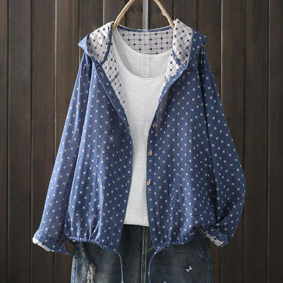 Women Spring Autumn Coat Hooded Drawstring Hem Long Sleeve Printing Loose Zipper Closure Jacket with Pockets Daily Wear Commuting Outerwear