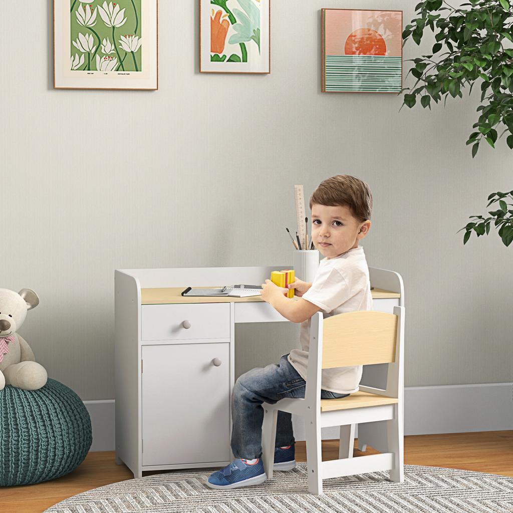 Children's Desk with Chair, Drawer, Cupboard, for Ages 3-6, 80 x 39 x 59 cm, White