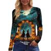 Women's Long Sleeve Casual Pullover Top Halloween Pumpkin Print Crew Neck Split Hem Blouse Lightweight Comfortable Fit