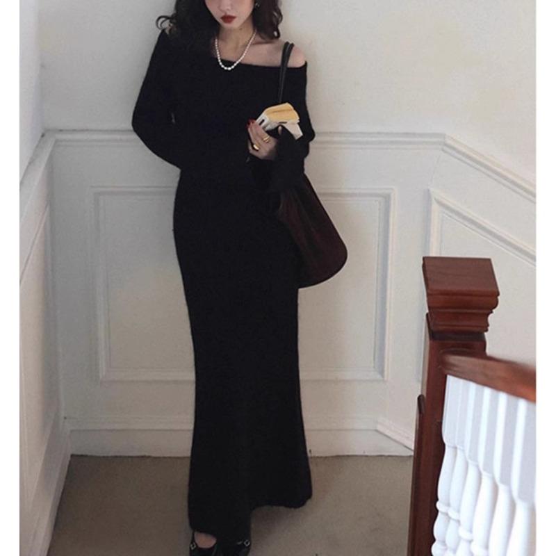 Autumn and winter new pure desire sexy one-word shoulder knitted dress women's fashion inner with medium and long sweater skirt tide