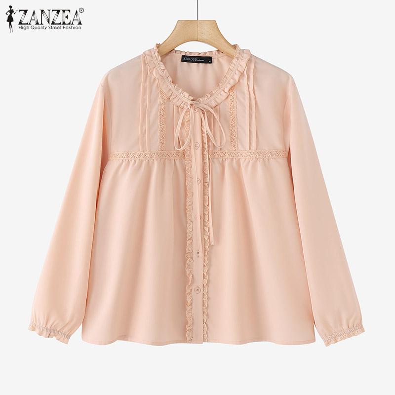 

ZANZEA Women Casual Round Neck Loose Long Sleeve Patchwork Blouse S бежевый