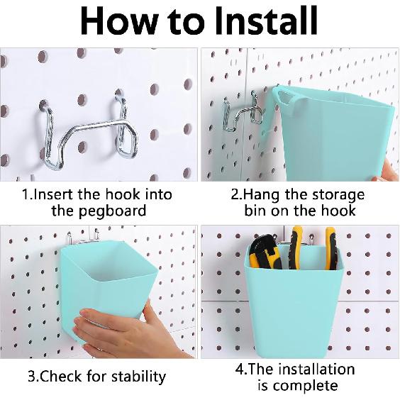 6Pack Pegboard Cups, Large Pegboard Bins with Hooks, Square Box Shape Pegboard Cup Holder Accessories for Garage Office Craft Room DIY Tools Playroom