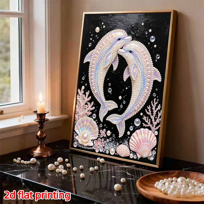 Framed Pearl Painting Kit Dolphin Couple Ocean Theme DIY Bead Canvas Art Ready to Display Romantic Room Decor For Wall Art Hanging Display