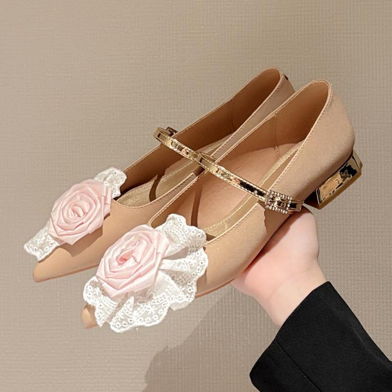 Sweet Flower Lace Decoration Low Heel Pumps for Women Fashion Pointed Toe Narrow Buckle Designer Shoes Elegant Casual Dress Shoe