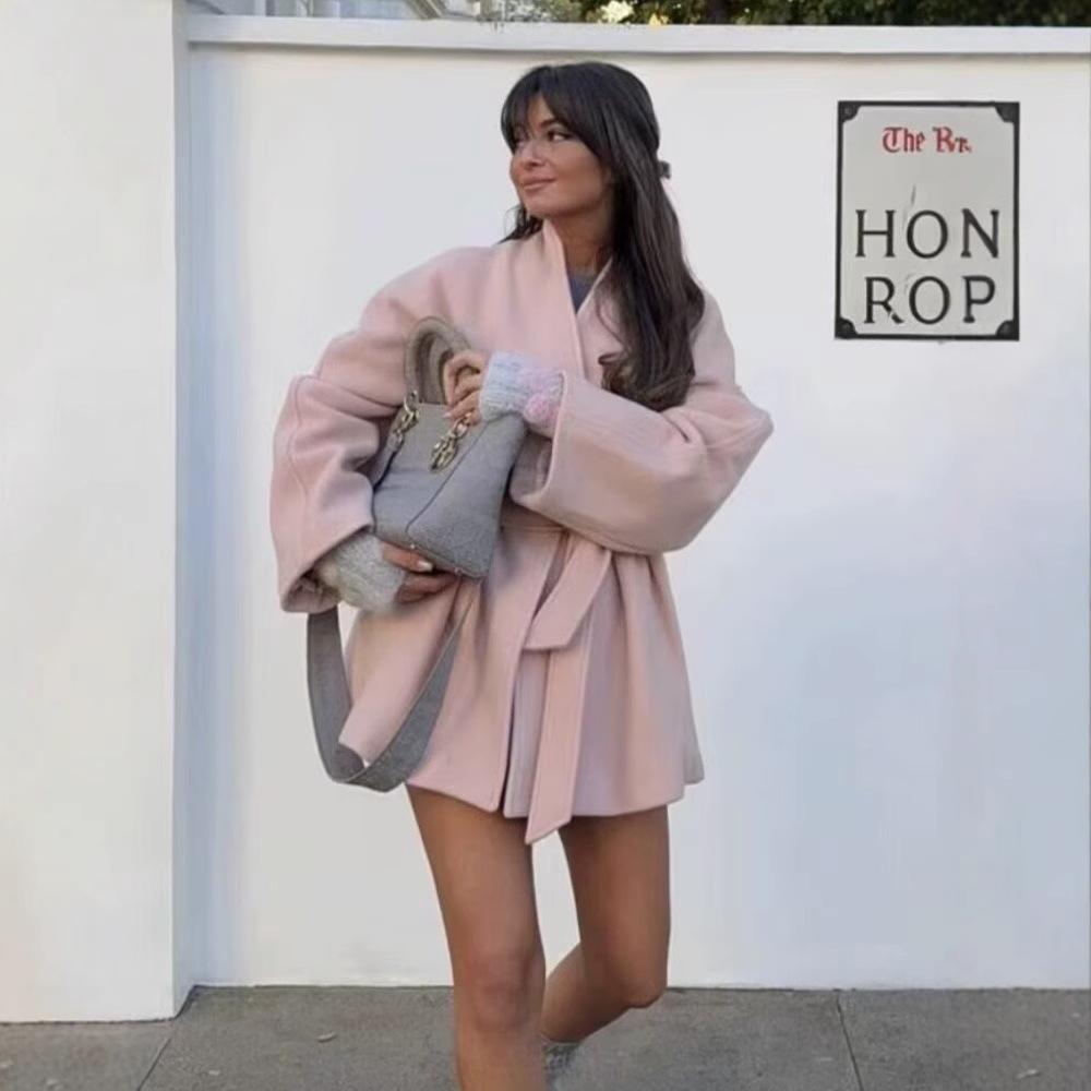 Elegante Damen Einfarbig V-Ausschnitt Bindegürtel Wolljacke 2025 Neue Mode Klassische Langarm Mäntel Herbst Schick Weibliche Streetwear