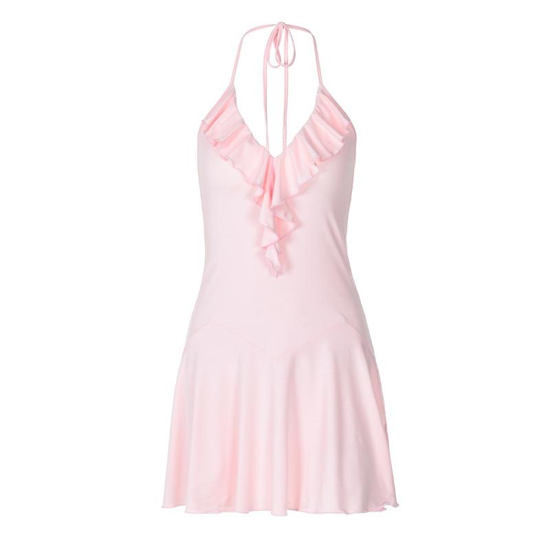 Damen Sommerkleid mit Rüschen und V-Ausschnitt, sexy Schnürung, Rucksack-Hüftkleid