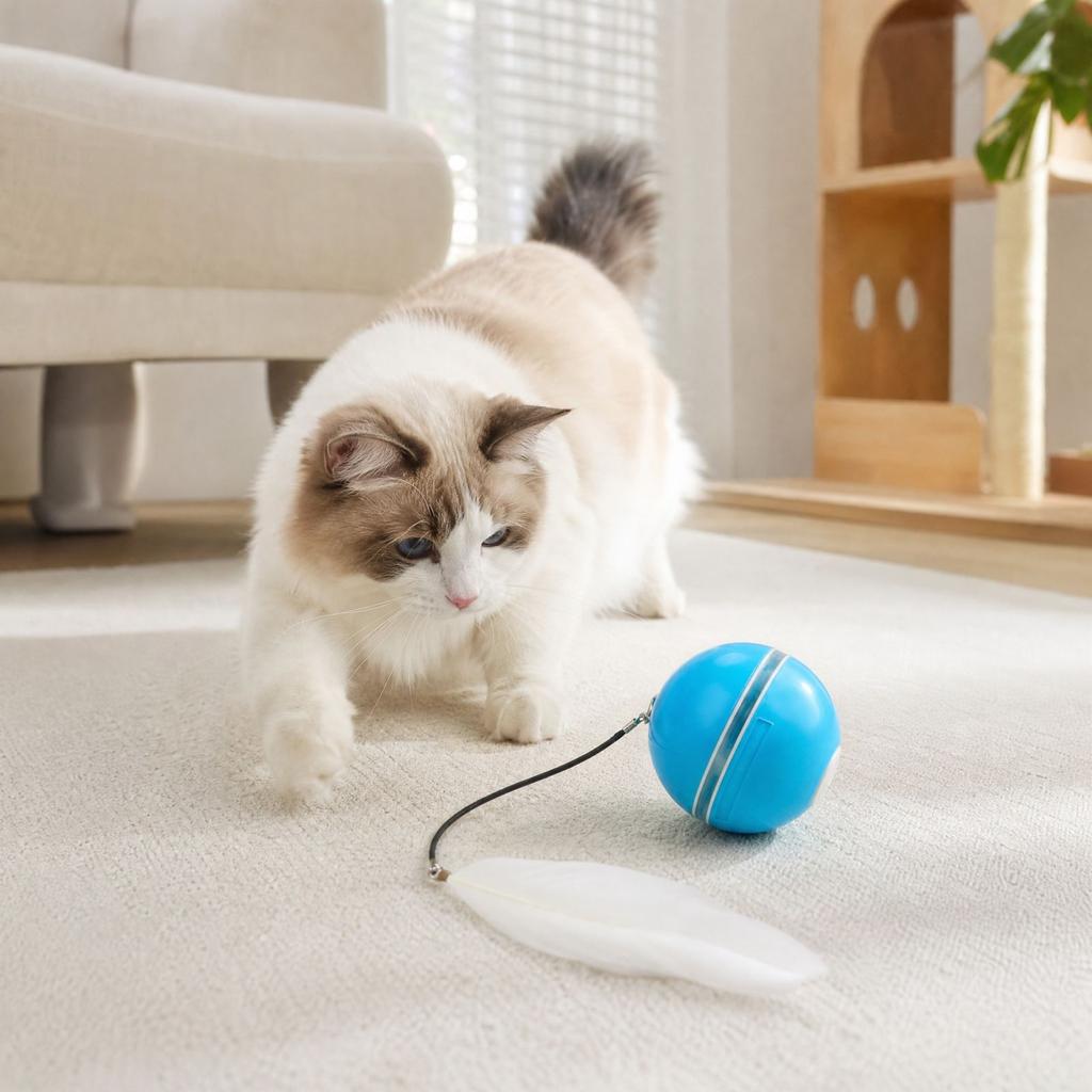 Interactive Toy Ball with Feather and Bell, Obstacle Avoidance, Rechargeable Self-Play Toy for Cats