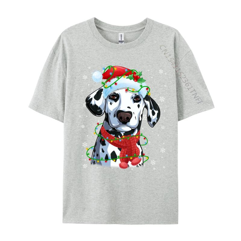 Christmas Lights Dalmatian Dog Santa Hat Scarf T-Shirts Dog Lovers T-Shirts Simple Style Top Quality Mens Tees